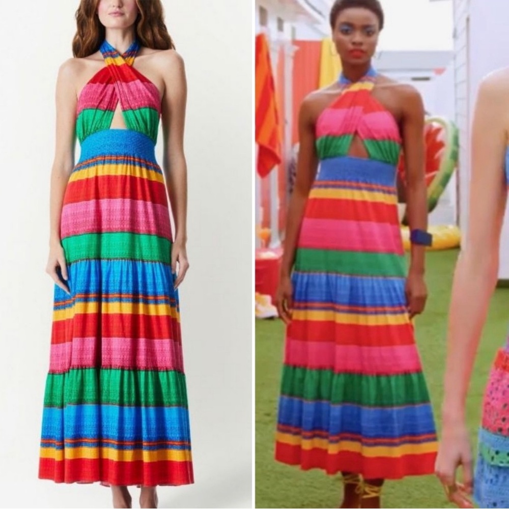 Alice + Olivia NWT Lyndon Multicolor Cabo Stripe Maxi Dress Halter Cut Out Flowy - Picture 4 of 16